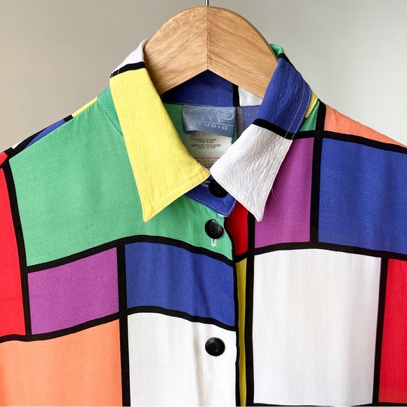 80s Vintage Colourful Geometric Print Mondrian Short Sleeves Button Down Shirt - Picture 3 of 8